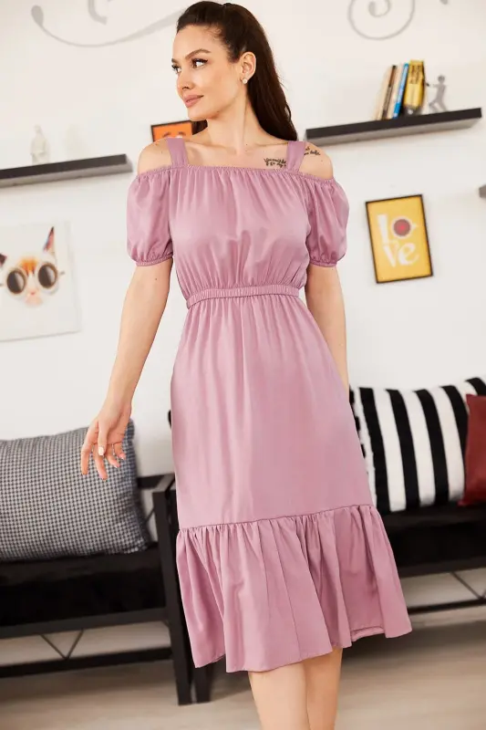 Kadın Gül Kurusu Beli Lastikli Askılı Elbise ARM-21K001214-Gül Kurusu - ARMONIKA