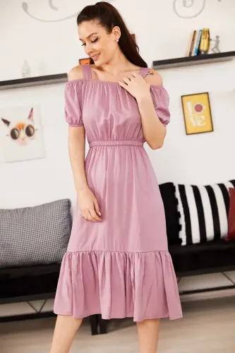 Kadın Gül Kurusu Beli Lastikli Askılı Elbise ARM-21K001214-Gül Kurusu - ARMONIKA (1)