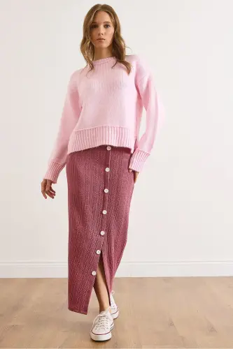 Kadın Gül Kurusu Beli Lastikli Düğmeli Yırtmaçlı Uzun Etek ETK-19000293-Gül Kurusu - 1