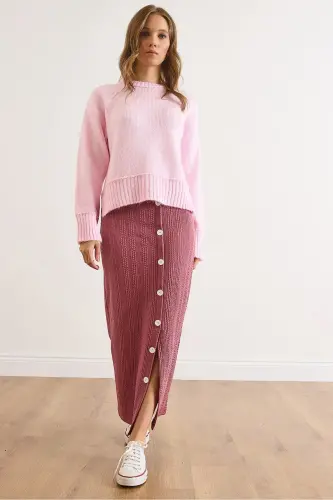 Kadın Gül Kurusu Beli Lastikli Düğmeli Yırtmaçlı Uzun Etek ETK-19000293-Gül Kurusu - 3