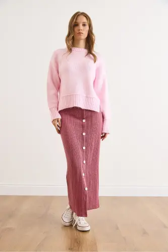 Kadın Gül Kurusu Beli Lastikli Düğmeli Yırtmaçlı Uzun Etek ETK-19000293-Gül Kurusu - 4