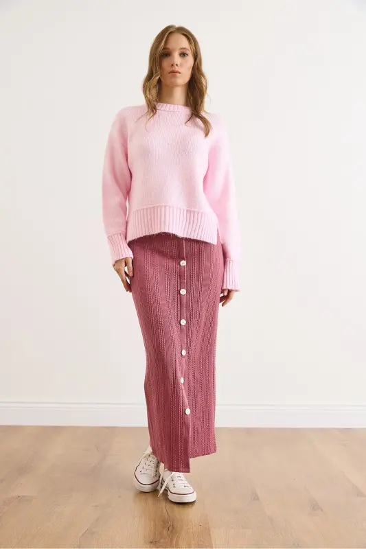 Kadın Gül Kurusu Beli Lastikli Düğmeli Yırtmaçlı Uzun Etek ETK-19000293-Gül Kurusu - 4