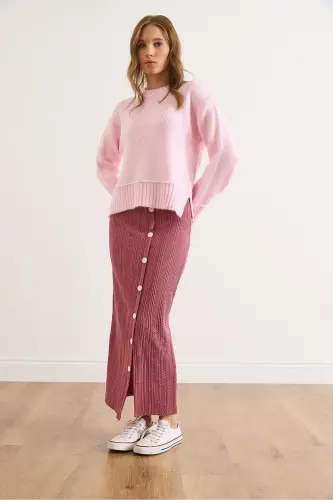 Kadın Gül Kurusu Beli Lastikli Düğmeli Yırtmaçlı Uzun Etek ETK-19000293-Gül Kurusu - 5