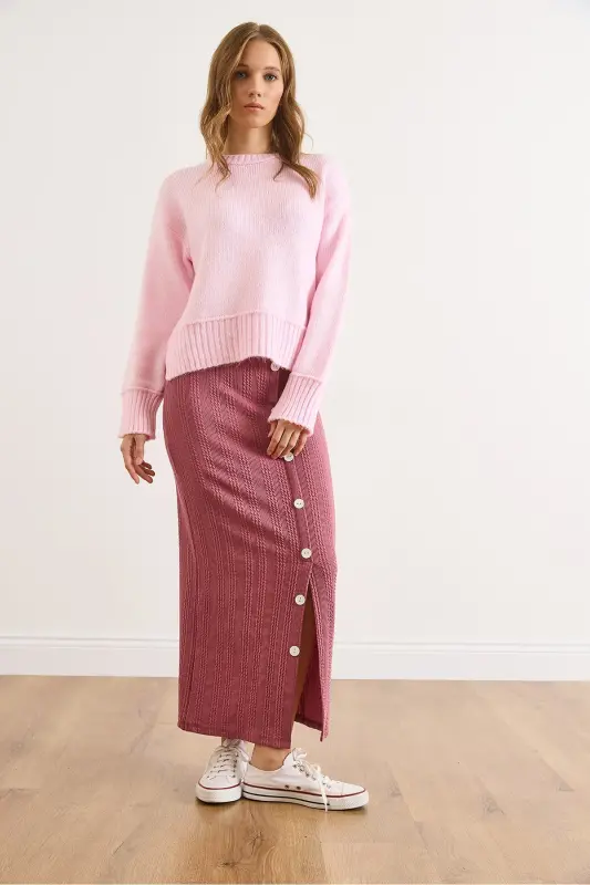 Kadın Gül Kurusu Beli Lastikli Düğmeli Yırtmaçlı Uzun Etek ETK-19000293-Gül Kurusu - 6