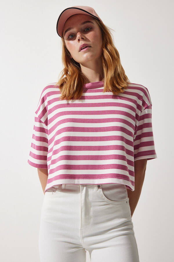 Kadın Gül Kurusu Bisiklet Yaka Çizgili Crop Örme T-Shirt CR00427 - Gül Kurusu - 3
