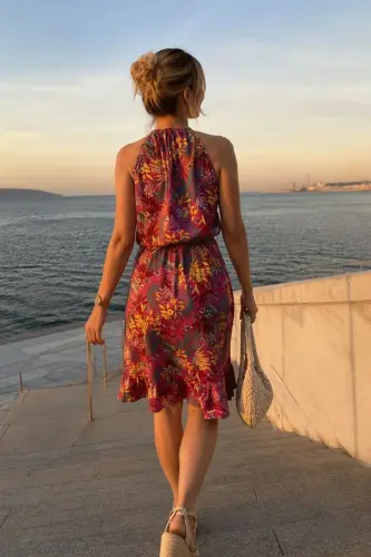 Kadın Gül Kurusu Boyundan Bağlamalı Beli Kuşaklı Eteği Fırfırlı Elbise ARM-23Y001112 - Gül Kurusu - 2