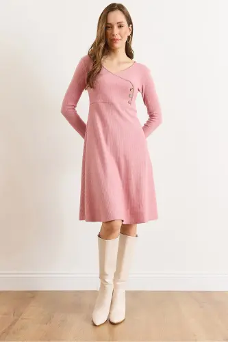 Kadın Gül Kurusu Düğme Detaylı Kruvaze Midi Çan Elbise ELB-19002031-Gül Kurusu 