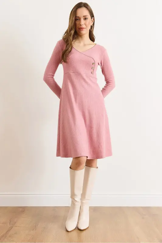 Kadın Gül Kurusu Düğme Detaylı Kruvaze Midi Çan Elbise ELB-19002031-Gül Kurusu - OLALOOK