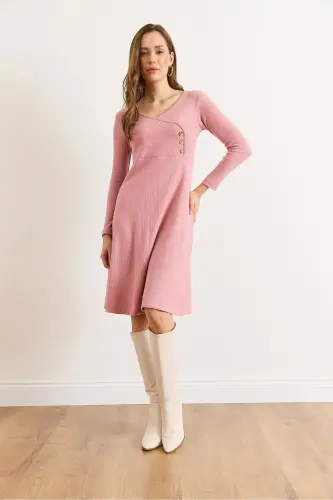 Kadın Gül Kurusu Düğme Detaylı Kruvaze Midi Çan Elbise ELB-19002031-Gül Kurusu - OLALOOK (1)