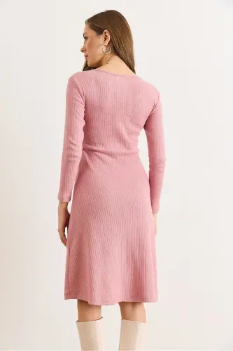 Kadın Gül Kurusu Düğme Detaylı Kruvaze Midi Çan Elbise ELB-19002031-Gül Kurusu - 3