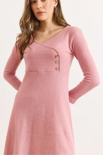 Kadın Gül Kurusu Düğme Detaylı Kruvaze Midi Çan Elbise ELB-19002031-Gül Kurusu - 4