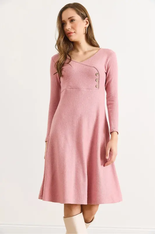 Kadın Gül Kurusu Düğme Detaylı Kruvaze Midi Çan Elbise ELB-19002031-Gül Kurusu - 5