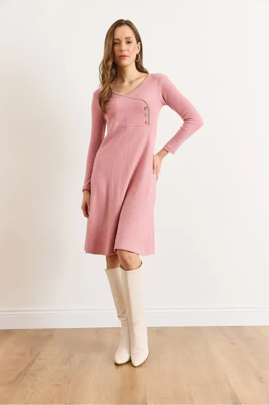 Kadın Gül Kurusu Düğme Detaylı Kruvaze Midi Çan Elbise ELB-19002031-Gül Kurusu - 2