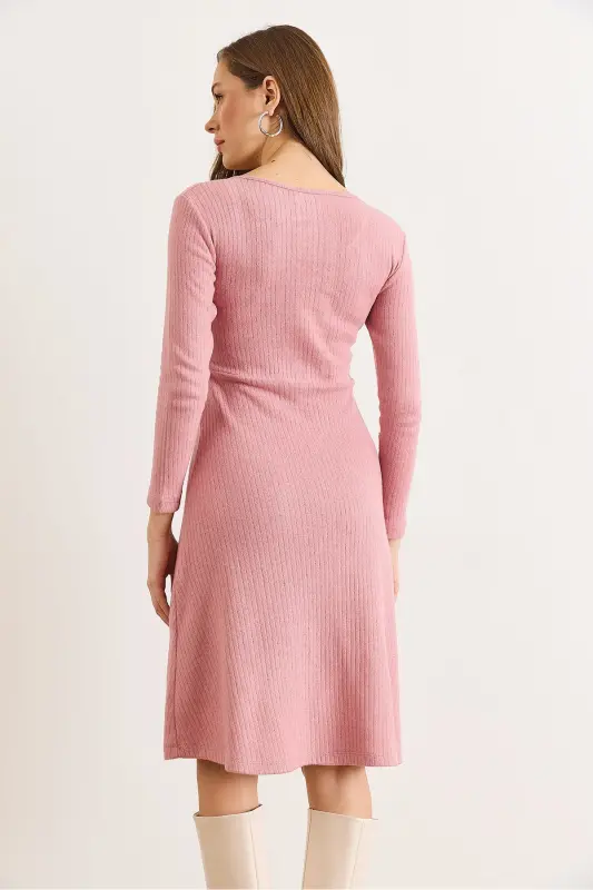 Kadın Gül Kurusu Düğme Detaylı Kruvaze Midi Çan Elbise ELB-19002031-Gül Kurusu - 3