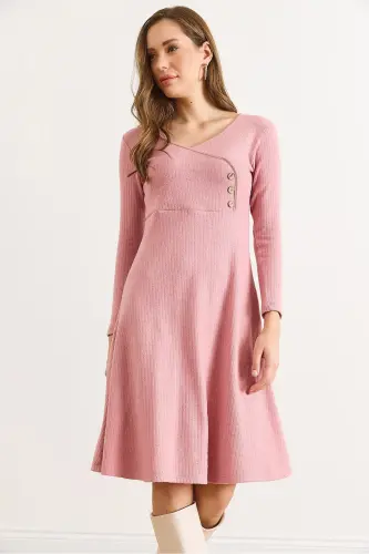 Kadın Gül Kurusu Düğme Detaylı Kruvaze Midi Çan Elbise ELB-19002031-Gül Kurusu - 5