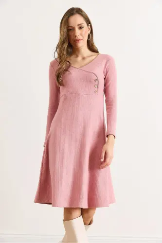 Kadın Gül Kurusu Düğme Detaylı Kruvaze Midi Çan Elbise ELB-19002031-Gül Kurusu - 6