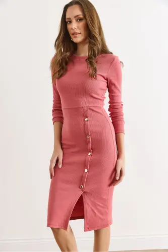 Kadın Gül Kurusu Düğme Detaylı Yırtmaçlı Midi Esnek Elbise ELB-19002256-Gül Kurusu - 2