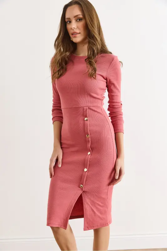 Kadın Gül Kurusu Düğme Detaylı Yırtmaçlı Midi Esnek Elbise ELB-19002256-Gül Kurusu - 2