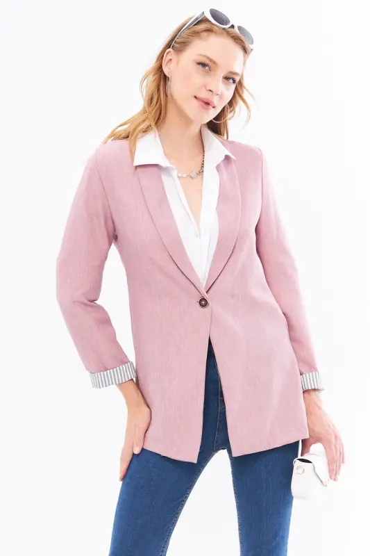 Kadın Gül Kurusu Kol İçi Çizgili Tek Düğmeli Ceket ARM-22K001122-Gül Kurusu - 1