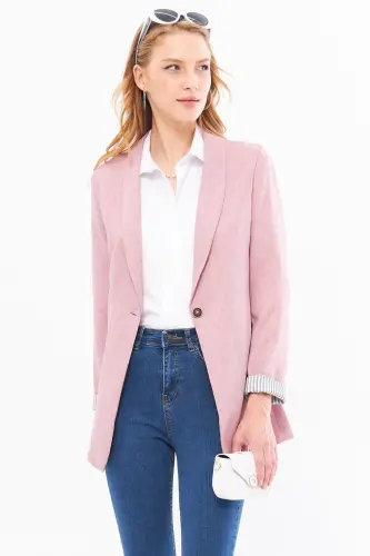 Kadın Gül Kurusu Kol İçi Çizgili Tek Düğmeli Ceket ARM-22K001122-Gül Kurusu - 3