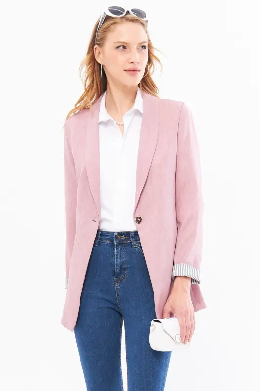 Kadın Gül Kurusu Kol İçi Çizgili Tek Düğmeli Ceket ARM-22K001122-Gül Kurusu - 3