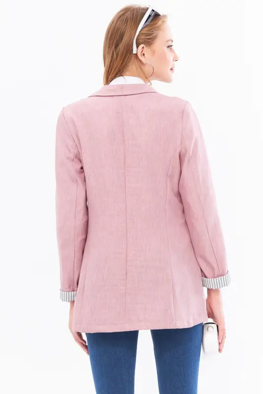 Kadın Gül Kurusu Kol İçi Çizgili Tek Düğmeli Ceket ARM-22K001122-Gül Kurusu - 4