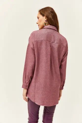 Kadın Gül Kurusu Nakışlı İncili Yün Efektli Oversize Kışlık Gömlek GML-19001159 - Gül Kurusu - 4