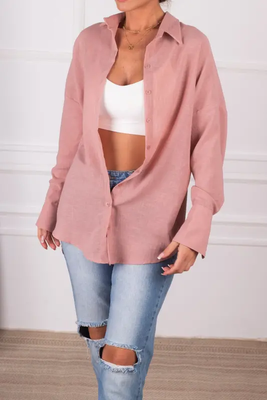 Kadın Gül Kurusu Oversize Dokulu Keten Görünümlü Geniş Manşetli Gömlek ARM-24K001001-Gül Kurusu - 1