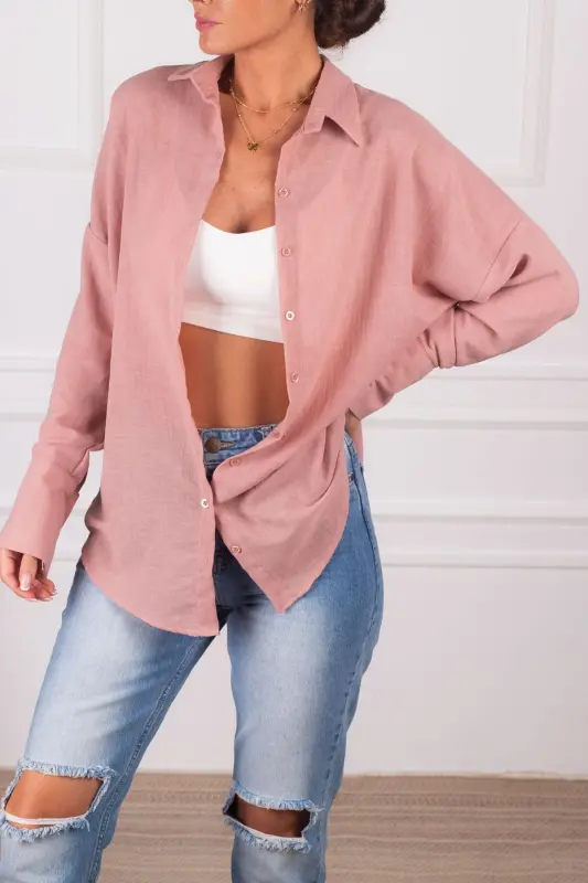 Kadın Gül Kurusu Oversize Dokulu Keten Görünümlü Geniş Manşetli Gömlek ARM-24K001001-Gül Kurusu - 2