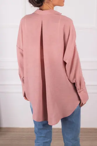 Kadın Gül Kurusu Oversize Dokulu Keten Görünümlü Geniş Manşetli Gömlek ARM-24K001001-Gül Kurusu - 3