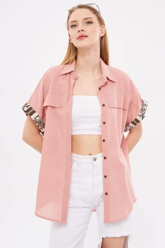 Kadın Gül Kurusu Oversize Duble Kol Detaylı Gömlek ARM-24Y001075-Gül Kurusu - 1