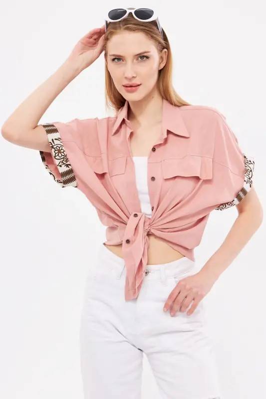 Kadın Gül Kurusu Oversize Duble Kol Detaylı Gömlek ARM-24Y001075-Gül Kurusu - 4