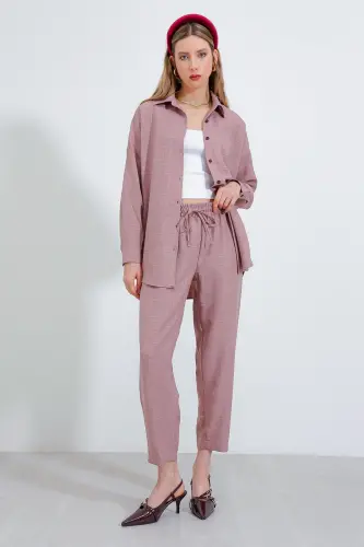 Kadın Gül Kurusu Oversize Keten Alt Üst Takım 6622-GÜL KURUSU - 4