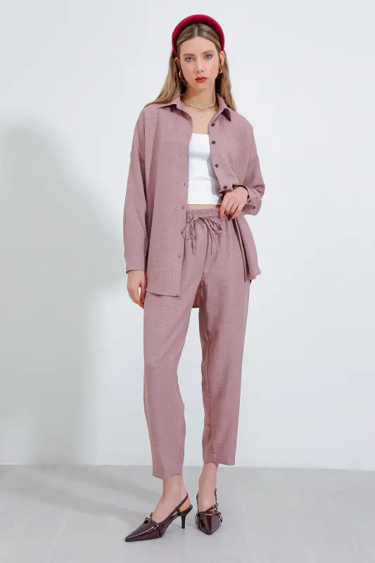 Kadın Gül Kurusu Oversize Keten Alt Üst Takım 6622-GÜL KURUSU - 4