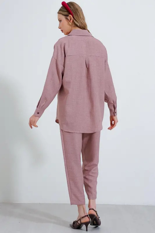 Kadın Gül Kurusu Oversize Keten Alt Üst Takım 6622-GÜL KURUSU - 6