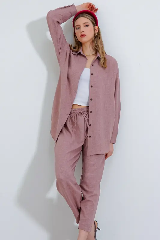 Kadın Gül Kurusu Oversize Keten Alt Üst Takım 6622-GÜL KURUSU - 3