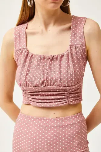 Kadın Gül Kurusu Puantiyeli Üst Bluz Alt Etek Örme Alt Üst Takım TKM-19000281-Gül Kurusu Puantiyeli - 7