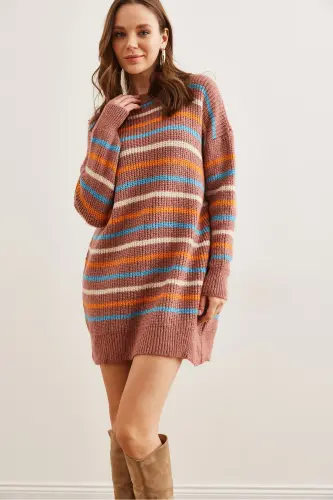 Kadın Gül Kurusu Renkli Şeritli Yumuşak Dokulu Triko Tunik ElbiseELB-19002285-Gül Kurusu - 2