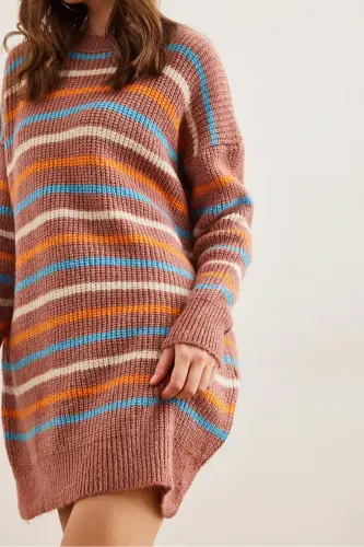 Kadın Gül Kurusu Renkli Şeritli Yumuşak Dokulu Triko Tunik ElbiseELB-19002285-Gül Kurusu - 5