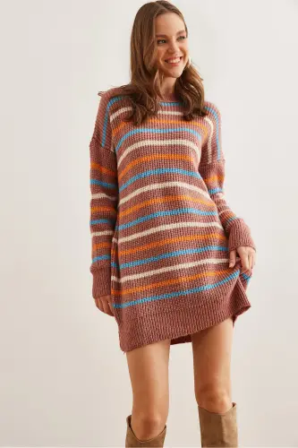 Kadın Gül Kurusu Renkli Şeritli Yumuşak Dokulu Triko Tunik ElbiseELB-19002285-Gül Kurusu - 1