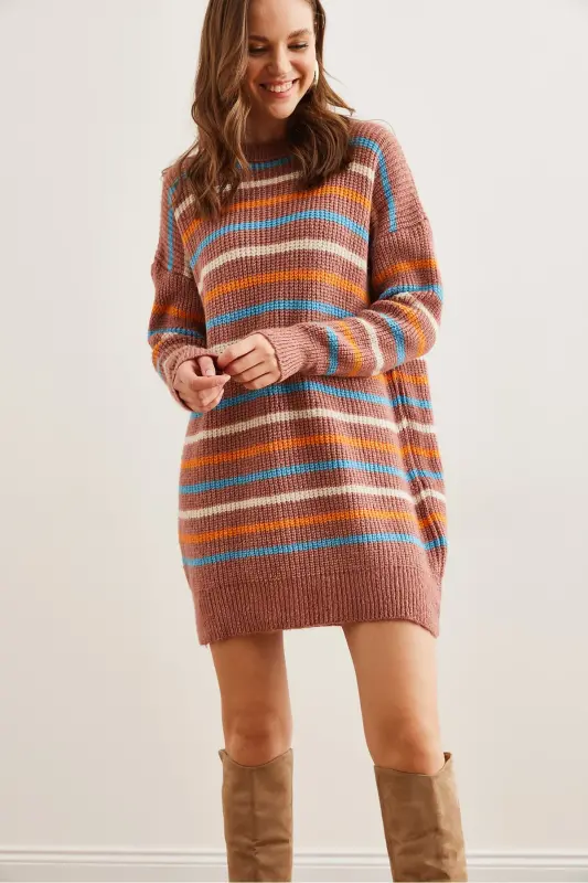 Kadın Gül Kurusu Renkli Şeritli Yumuşak Dokulu Triko Tunik ElbiseELB-19002285-Gül Kurusu - 3