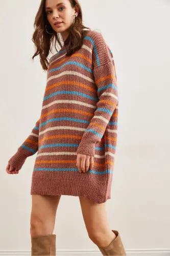 Kadın Gül Kurusu Renkli Şeritli Yumuşak Dokulu Triko Tunik ElbiseELB-19002285-Gül Kurusu - 4