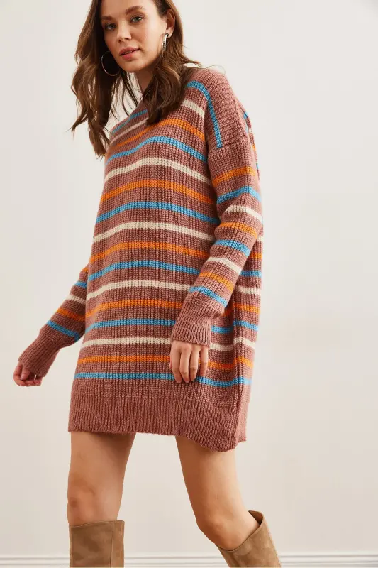 Kadın Gül Kurusu Renkli Şeritli Yumuşak Dokulu Triko Tunik ElbiseELB-19002285-Gül Kurusu - 4