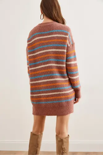 Kadın Gül Kurusu Renkli Şeritli Yumuşak Dokulu Triko Tunik ElbiseELB-19002285-Gül Kurusu - 6