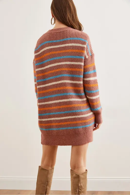 Kadın Gül Kurusu Renkli Şeritli Yumuşak Dokulu Triko Tunik ElbiseELB-19002285-Gül Kurusu - 6