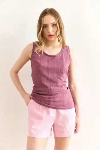 Kadın Gül Kurusu U Yaka Fitilli Dokulu Bluz BLZ-19003004-Gül Kurusu - 3