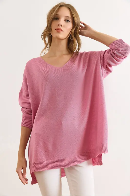 Kadın Gül Kurusu V Yaka Yanı Yırtmaçlı Basic Triko Kazak KZK-19000868-Gül Kurusu - OLALOOK