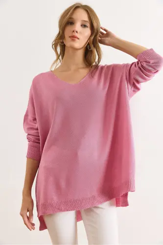 Kadın Gül Kurusu V Yaka Yanı Yırtmaçlı Basic Triko Kazak KZK-19000868-Gül Kurusu - 1