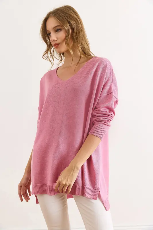 Kadın Gül Kurusu V Yaka Yanı Yırtmaçlı Basic Triko Kazak KZK-19000868-Gül Kurusu - 4