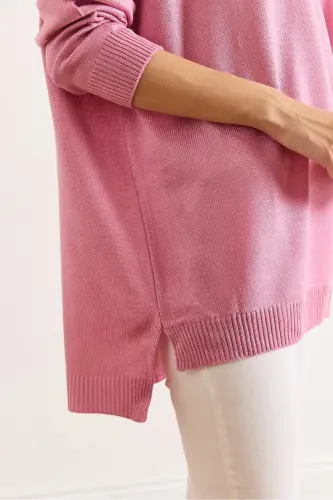 Kadın Gül Kurusu V Yaka Yanı Yırtmaçlı Basic Triko Kazak KZK-19000868-Gül Kurusu - 5